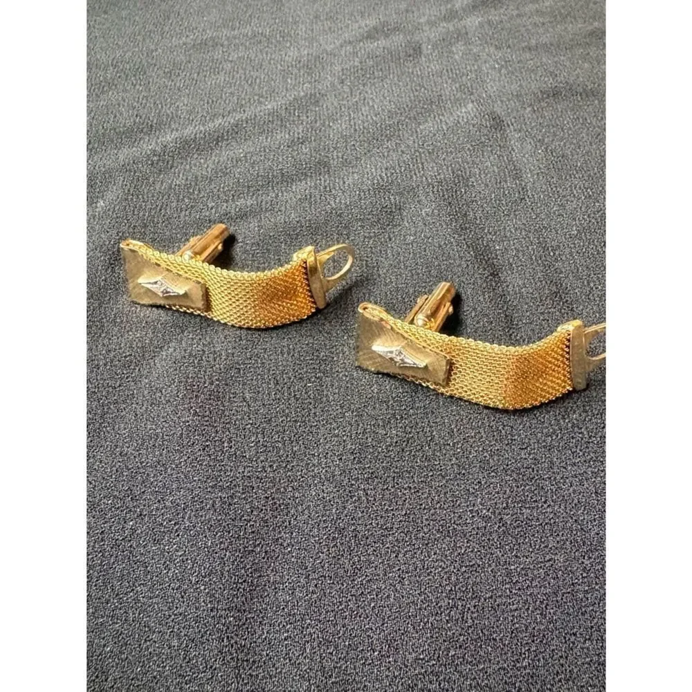 Vintage Anson Gold Tone Mesh Cufflinks Diamond Accent Wrap Style Mid century